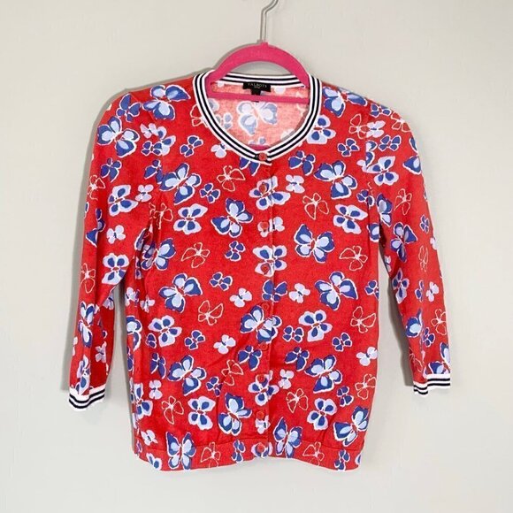 Talbot's red blue butterfly elbow sleeve button front waist length cardigan - Picture 1 of 8